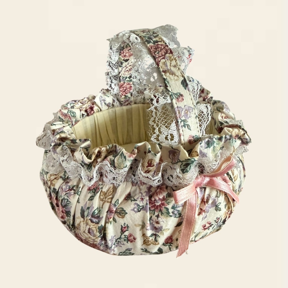 Vintage Floral Fabric Basket Lace Trim Pink Ribbon Bows Cottagecore Grandma